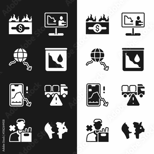 Set Drop in crude oil price, Global economic crisis, Burning dollar bill, news, Mobile stock trading, Stop delivery cargo truck, Broken piggy bank and Employee dismissal icon. Vector
