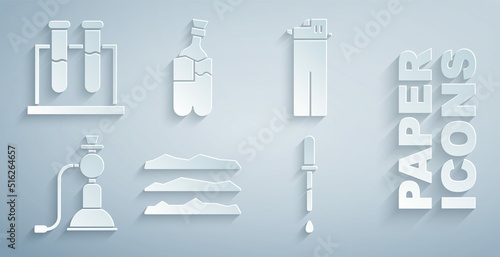Set Cocaine or heroin drug, Lighter, Hookah, Pipette, Bong for smoking marijuana and Test tube and flask icon. Vector