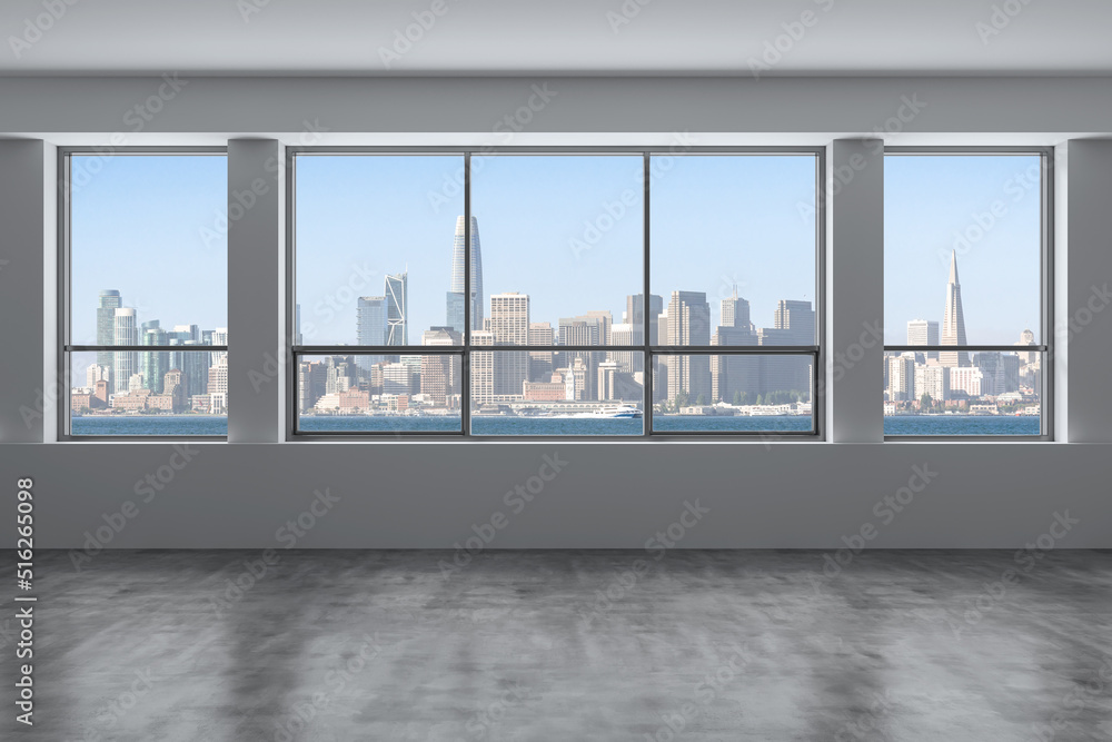 Fototapeta premium Empty room Interior Skyscrapers View Cityscape. Downtown San Francisco City Skyline Buildings from High Rise Window. Beautiful California Real Estate. Day time. 3d rendering.