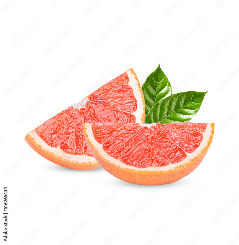 Ripe half of pink grapefruit citrus fruit with leaves isolated on white background Ripe half of pink grapefruit citrus fruit with leaves isolated on white background