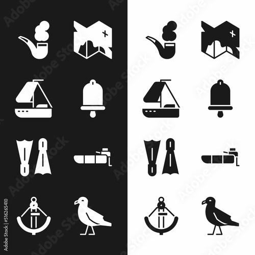 Set Ship bell, Yacht sailboat, Smoking pipe, Pirate treasure map, Flippers for swimming, Inflatable with motor, Bird seagull and Anchor icon. Vector