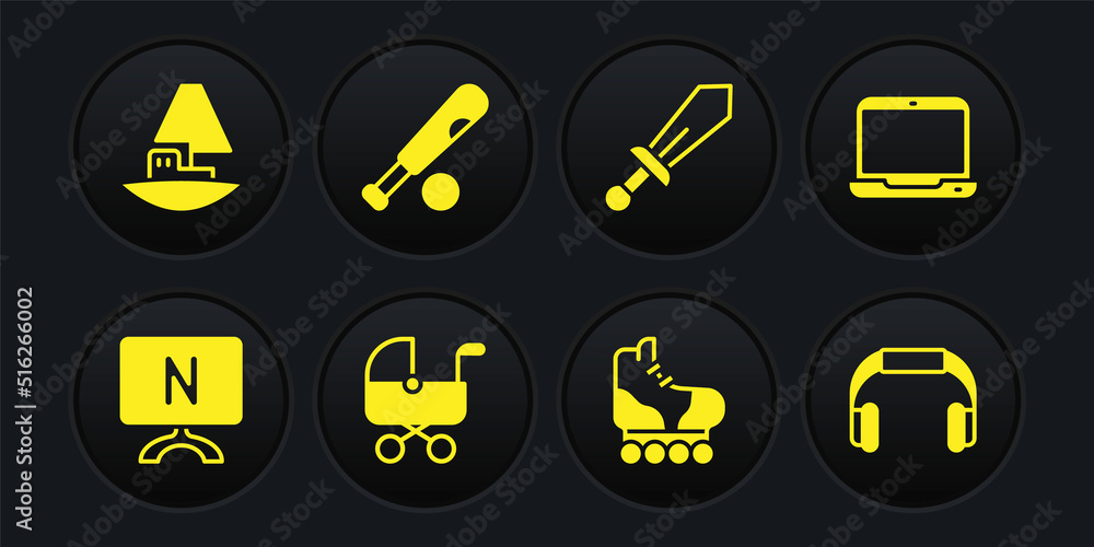 Set Smart Tv, Laptop, Baby stroller, Roller skate, Sword toy, Baseball bat with ball, Headphones and Toy boat icon. Vector Set Smart Tv, Laptop, Baby stroller, Roller skate, Sword toy, Baseball bat with ball, Headphones and Toy boat icon. Vector