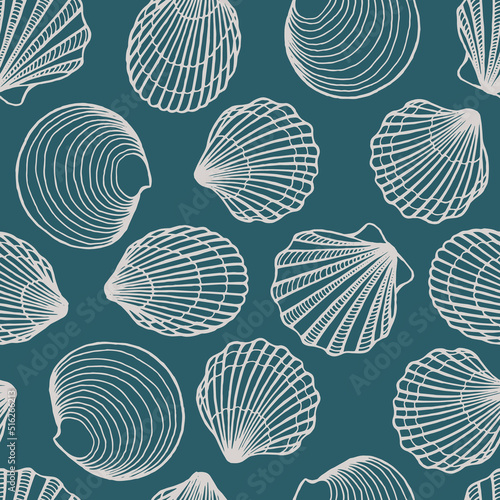 Seamless pattern with seashells. Marine background. Hand drawn vector illustration in sketch style.