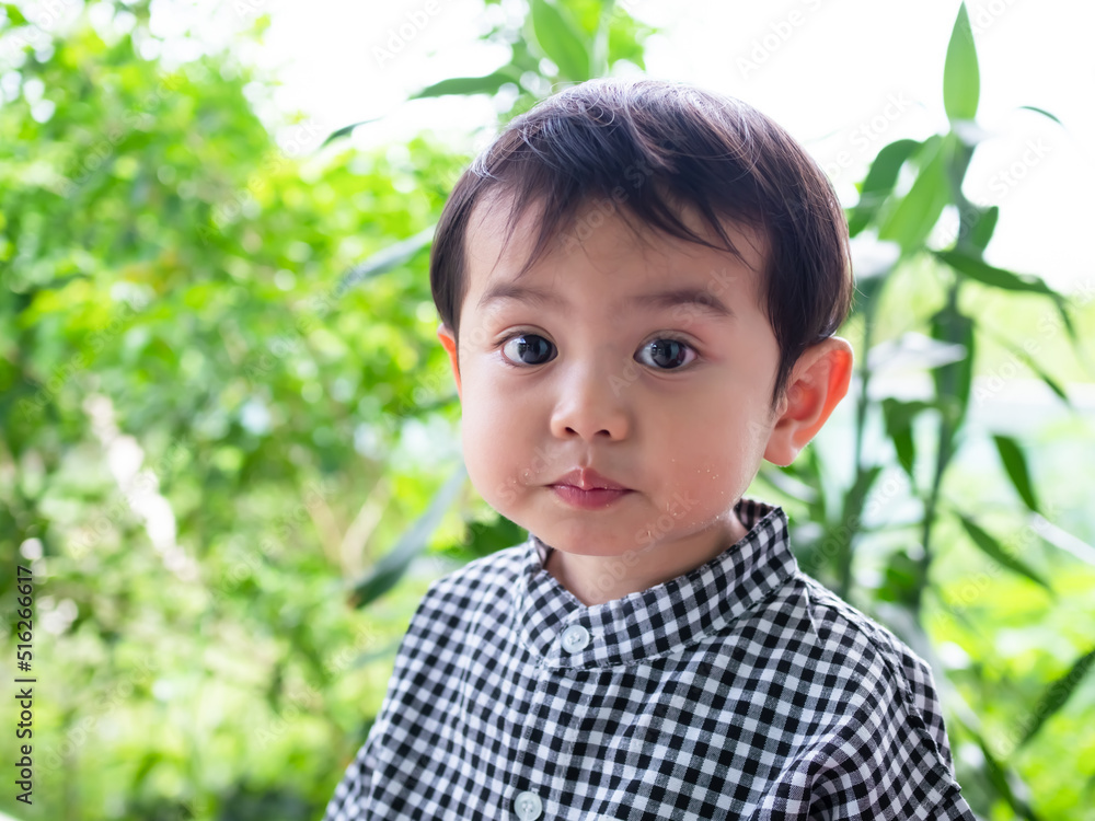 Portrait young boy 2 year old child with snack on cheek and green blur nature background. cute