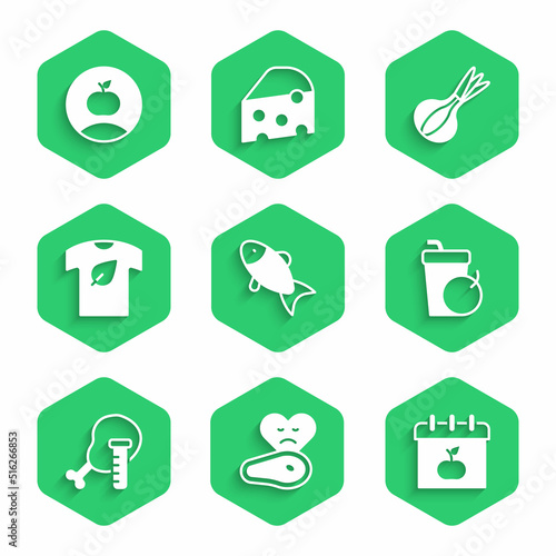 Set Fish, Steak meat, World Vegetarian day, Fresh smoothie, Genetically modified chicken, Vegan shirt, Onion and Apple icon. Vector