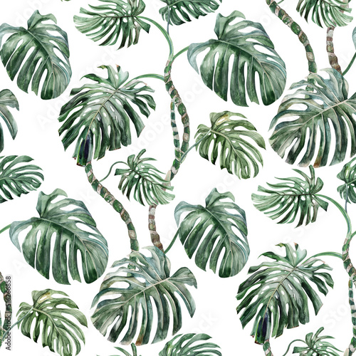 Seamless summer watercolor pattern with monstera leaves on a white background for textiles and wall decor in the interior