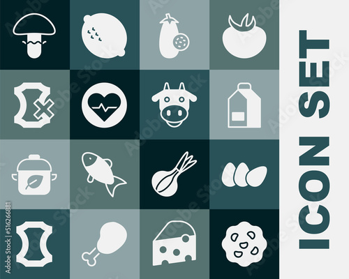 Set Cookie or biscuit, Chicken egg, Paper package for milk, Eggplant, Heart rate, No leather, Mushroom and Cow head icon. Vector