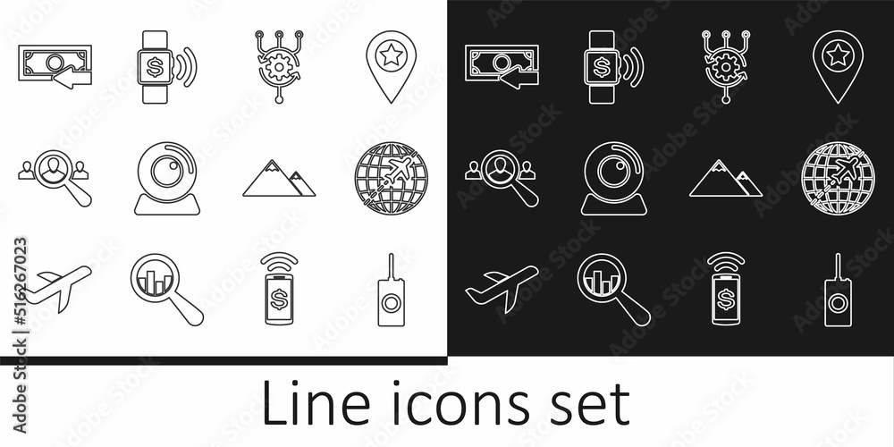 Set line Remote control, Globe with flying plane, Algorithm, Web camera, Magnifying glass for search people, Cash back, Mountains and Contactless payment icon. Vector