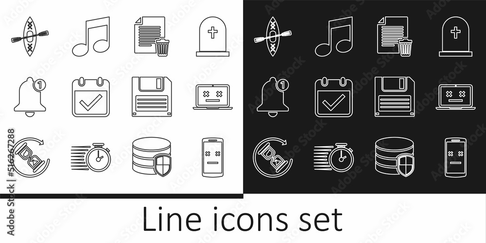 Set line Dead mobile, laptop, Delete file document, Calendar with check mark, Bell, Kayak and paddle, Floppy disk and Music note, tone icon. Vector