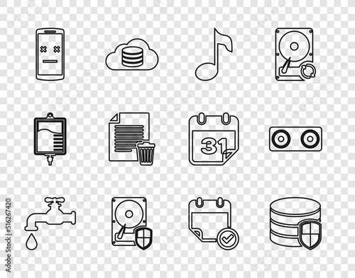 Set line Water tap, Database protection, Music note, tone, Hard disk drive HDD, Dead mobile, Delete file document, Calendar with check mark and Stereo speaker icon. Vector