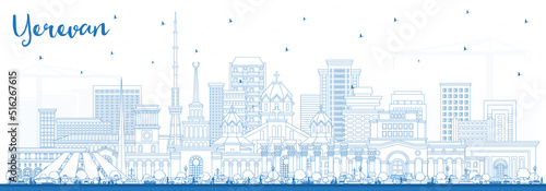 Outline Yerevan Armenia City Skyline with Blue Buildings.