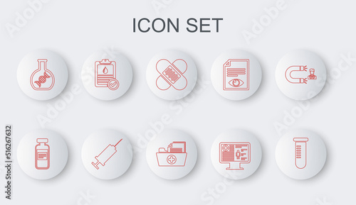 Set line Test tube or flask, Medical vial, ampoule, Crossed bandage plaster, Clinical record on monitor, DNA research, search, Clipboard with blood test, Syringe and Health folder icon. Vector