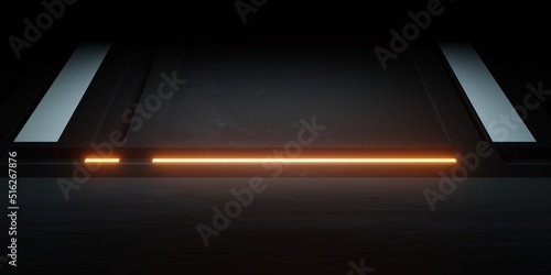 3d rendering of orange neon glowing spaceship corridor black background. Scene for advertising, showroom, technology, future, modern, sport, game, metaverse, warehouse, garage. Sci Fi Illustration