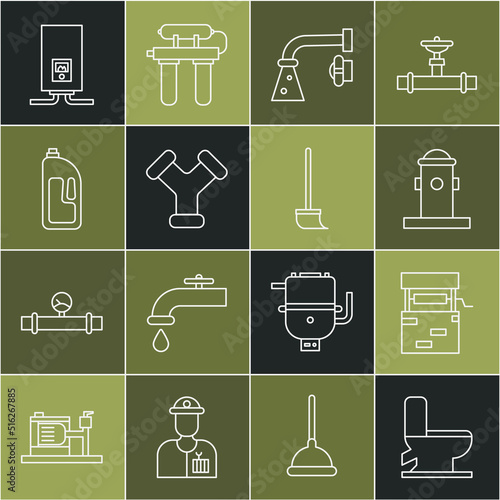 Set line Toilet bowl, Well, Fire hydrant, Water tap, Industry metallic pipe, Container with drain cleaner, Gas boiler burning fire and Mop icon. Vector