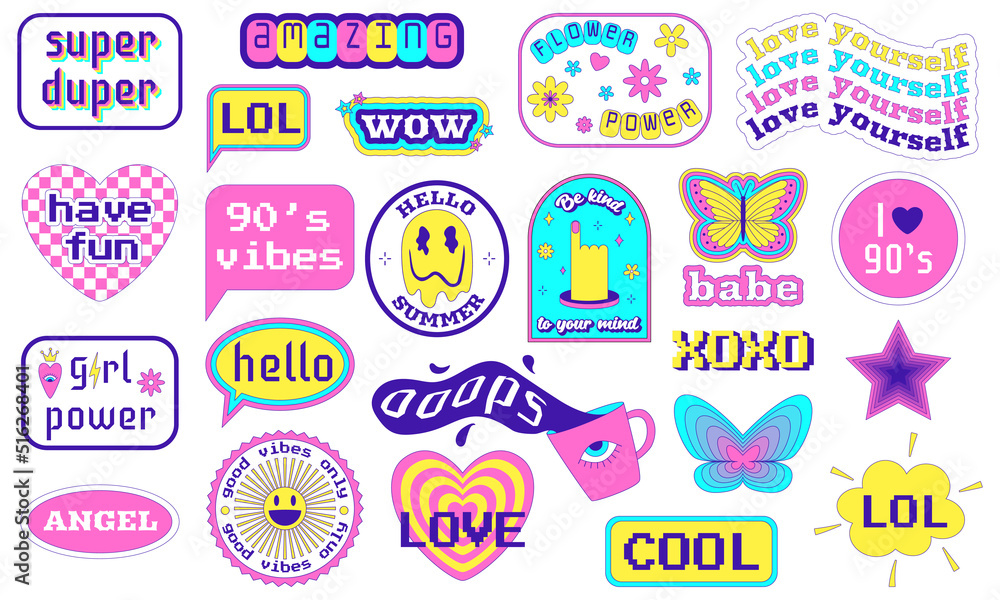 Motivational, Inspirational Stickers groovy retro set. Pop Art Patches with slogan, lips, heart, butterfly, psychedelic mushrooms. Y2k positive groovy patches in geometric shapes. Vector illustration.
