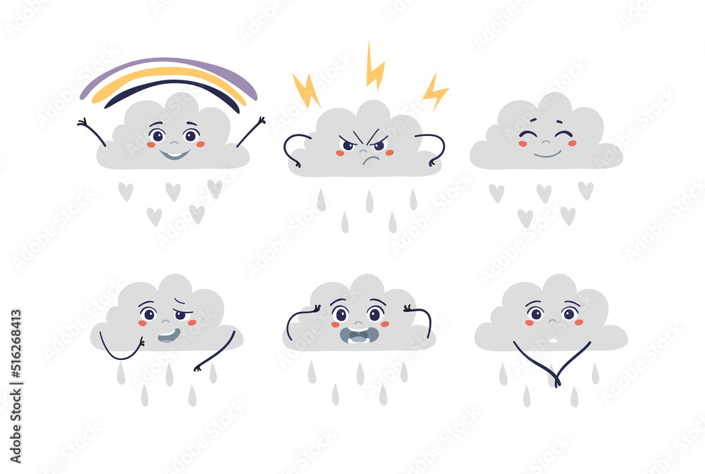 Cloud emoticon with different emotions, thunderstorm, rainbow, rain, cute flat icon for weather forecast, kindergarten, nature lessons. Set of vector illustrations isolated on white.