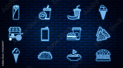 Set line Burger, Nachos, Soda and hotdog, Aluminum can, Fast street food cart, Burrito, Coffee burger and drink with donut icon. Vector