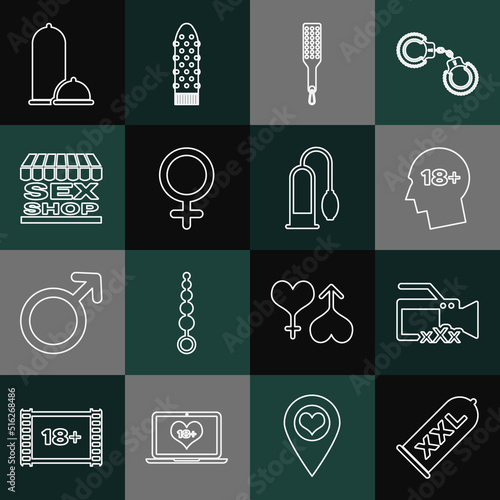 Set line Condom safe sex, Video camera with Sex, Head 18 plus, Spanking paddle, Female gender symbol, shop building, Condoms and Penis pump icon. Vector