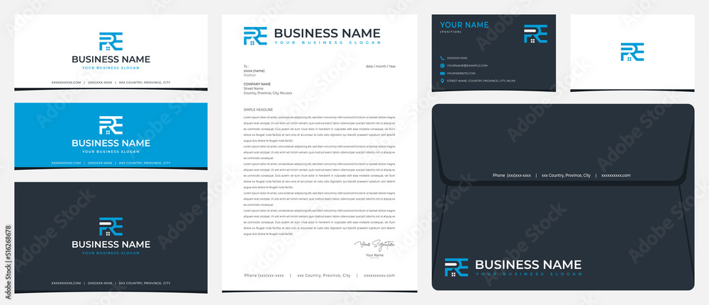 PRE House logo with stationery, business cards and social media banner designs PRE House logo with stationery, business cards and social media banner designs
