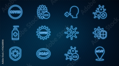 Set line Corona virus 2019-nCoV on location, Shield protecting from, Man coughing, covid-19, Bottle of liquid antibacterial soap, Virus and Negative icon. Vector
