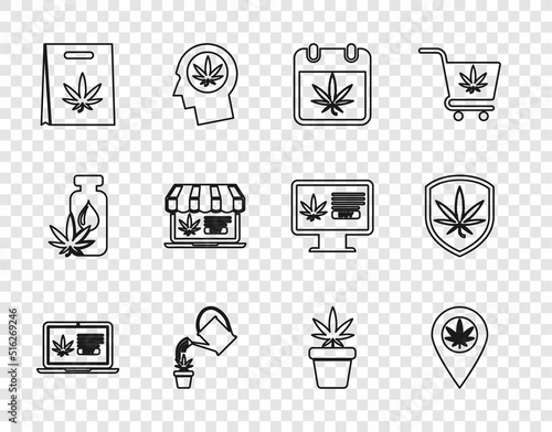 Set line Online buying marijuana, Location and, Calendar, Watering can, Shopping bag of, Marijuana plant pot and Shield icon. Vector