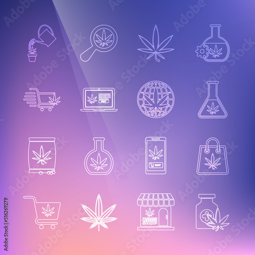 Set line Medical bottle with marijuana, Shopping bag of, Test tube, Marijuana or cannabis leaf, Online buying, cart, Watering and Legalize icon. Vector