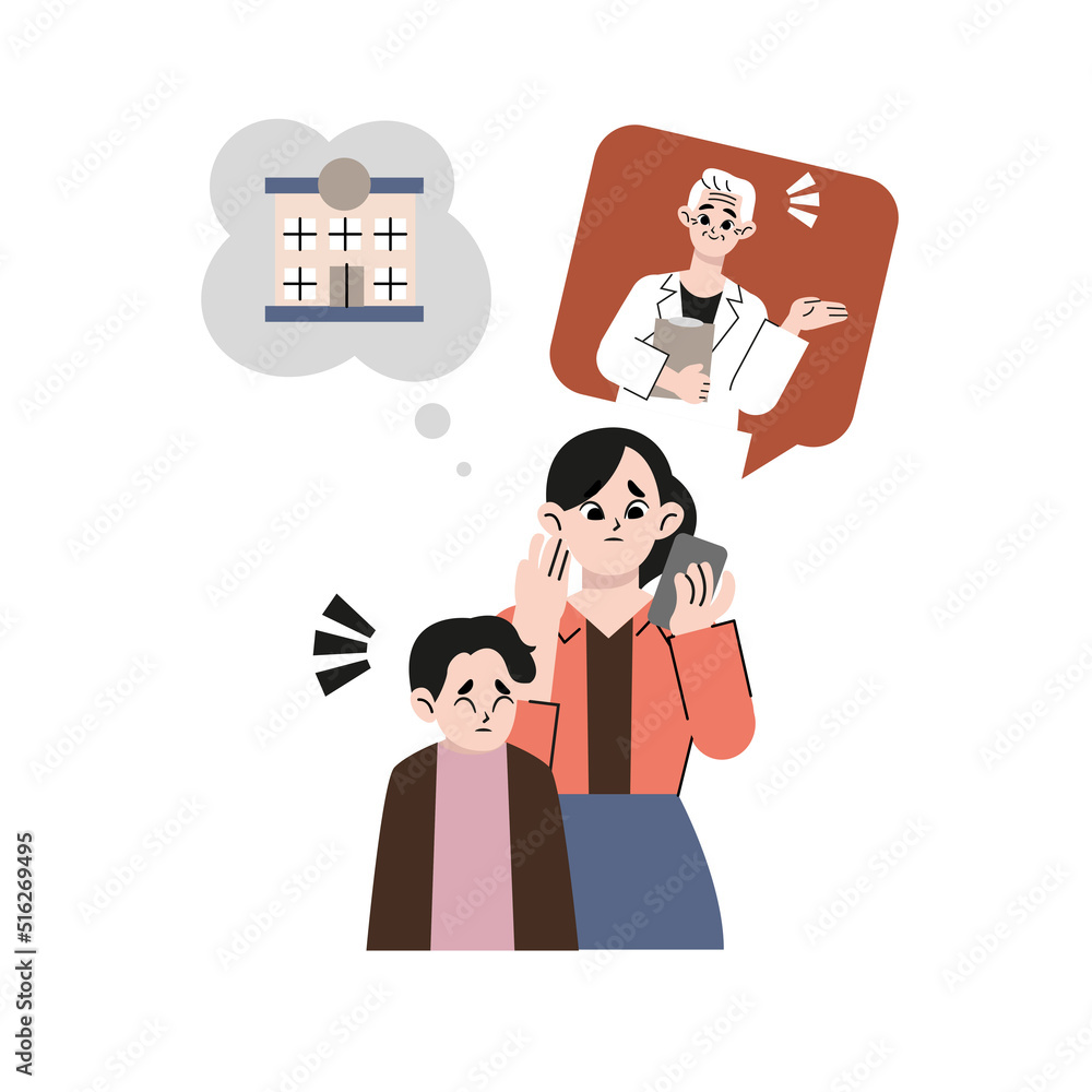 Mother calling the consultation counter of the hospital. Flat drawn style vector design illustrations.