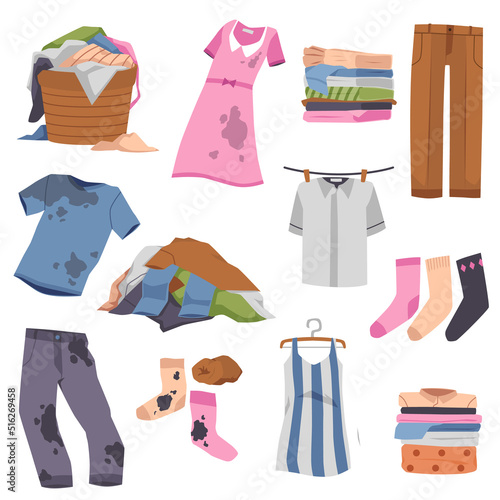 Pile of dirty clothes, stack of clean cloth in flat vector illustration