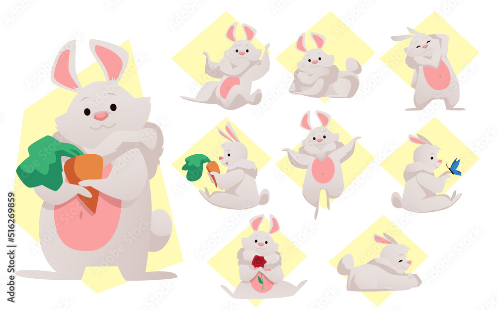 Cute cartoon rabbits with carrots, flowers, butterfly, flat vector illustration