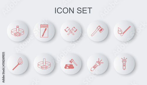 Set line Flashlight, Burning match with fire, Crossed wooden axe, Head flashlight, Open matchbox and matches, and Wooden icon. Vector