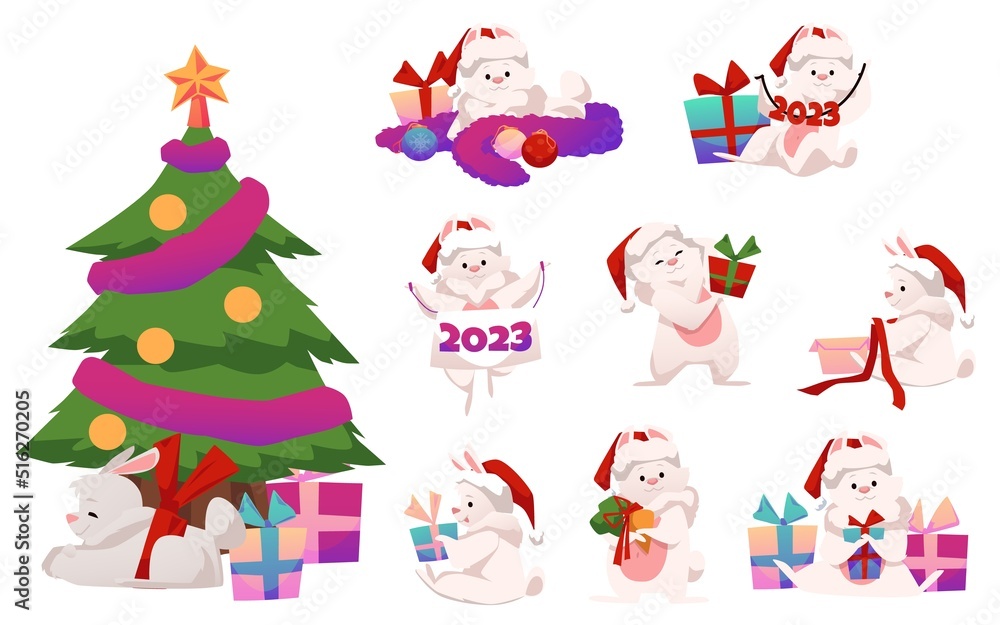 Cute cartoon rabbits with gifts, christmas tree, colorful christmas balls Cute cartoon rabbits with gifts, christmas tree, colorful christmas balls