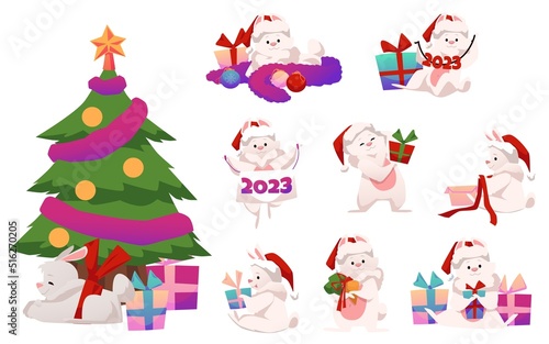 Cute cartoon rabbits with gifts, christmas tree, colorful christmas balls