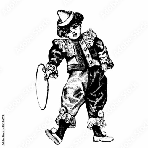 Retro clown doll. Cymbal player. Halftone style. Vintage vector illustration.