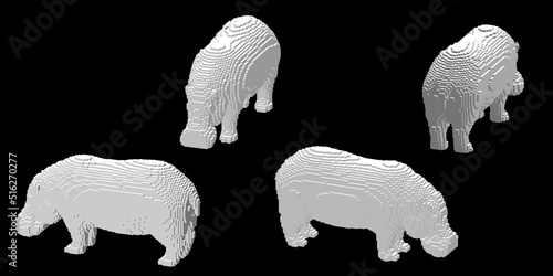Hippopotamus made from cubes. Voxel art. Futuristic concept. 3d Vector illustration. Dimetric projection.