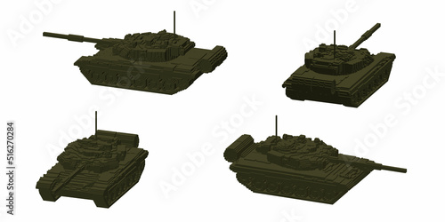 Russian main battle tank T-90. Voxel tank. 3d Vector illustration. Dimetric projection.