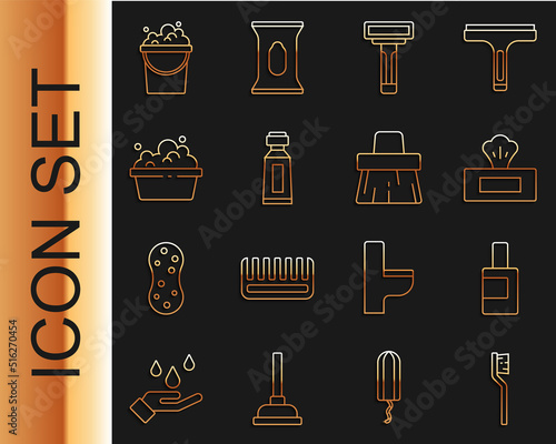 Set line Toothbrush, Bottle for cleaning agent, Wet wipe pack, Shaving razor, Tube of toothpaste, Basin with soap suds, Bucket and Handle broom icon. Vector