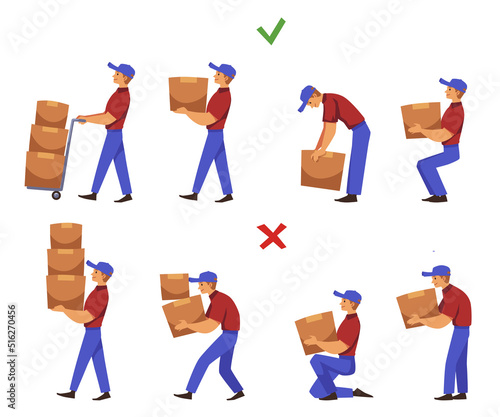 Right and wrong ways to manually handle and lift loads, flat vector isolated.