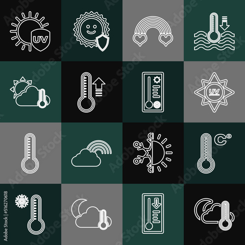 Set line Thermometer and cloud, moon, Meteorology thermometer, UV protection, Rainbow with heart, sun, and icon. Vector