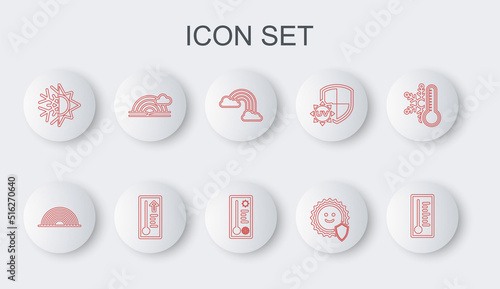 Set line Meteorology thermometer, Rainbow, with clouds, UV protection, Sun and snowflake, and icon. Vector