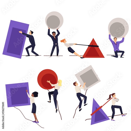 Woman, man push stone, boulder. Businessman moving towards success overcoming challenges, vector flat set illustration