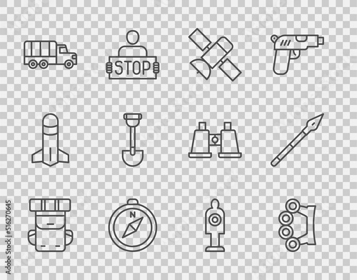 Set line Hiking backpack, Brass knuckles, Satellite, Compass, Military truck, Sapper shovel, Human target sport for shooting and Medieval spear icon. Vector