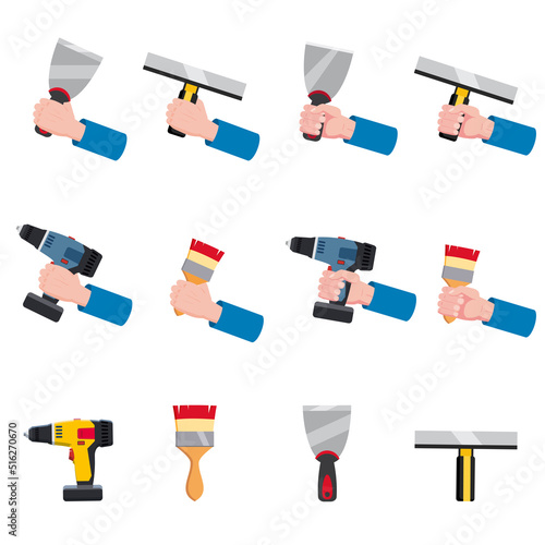 Set construction tools putty knife, spatula, brush, electric screwdriver, repair tool. Hand hold spackling or paint instruments. Vector illustration