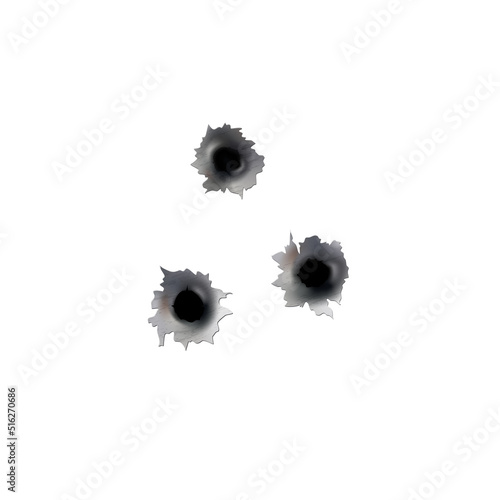Bullet holes of gun or pistol. Shoot in metal single and double hole. Damage and cracks on surface. Vector isolated on background