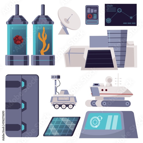 Spacecraft interior futuristic elements, flat vector illustration isolated on white background.