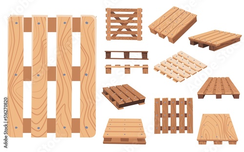Wood pallet set from different angles, cartoon flat vector illustration isolated on white background.