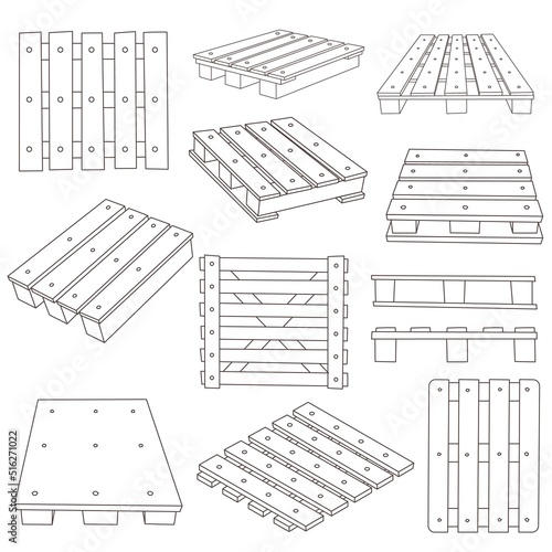 Set of wood pallets in line vector illustration isolated on white background