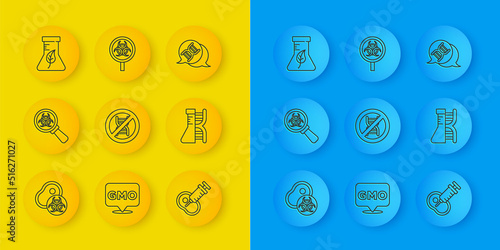 Set line Genetically modified meat, Biohazard and magnifying glass, Stop GMO, DNA research, search, Test tube flask, symbol and icon. Vector