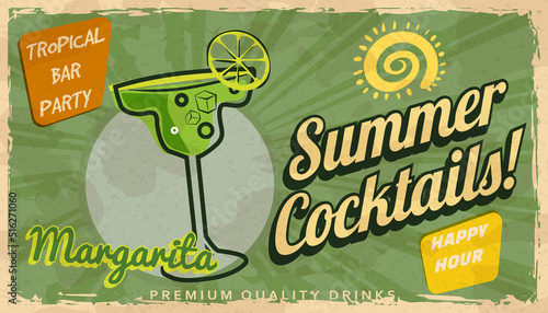 Summer Margarita Cocktail Retro banner. Cocktail lounge vintage background, scratched old textured paper