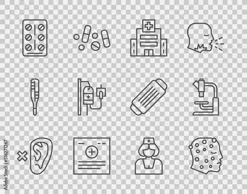 Set line Deaf, Psoriasis or eczema rash, Medical hospital building, Clinical record, Pills blister pack, IV bag, Nurse and Microscope icon. Vector