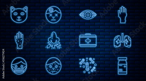 Set line Medicine bottle and pills, Lungs, Reddish eye allergic conjunctivitis, Runny nose, Hand with psoriasis or eczema, Pet, First aid kit and Man having headache icon. Vector
